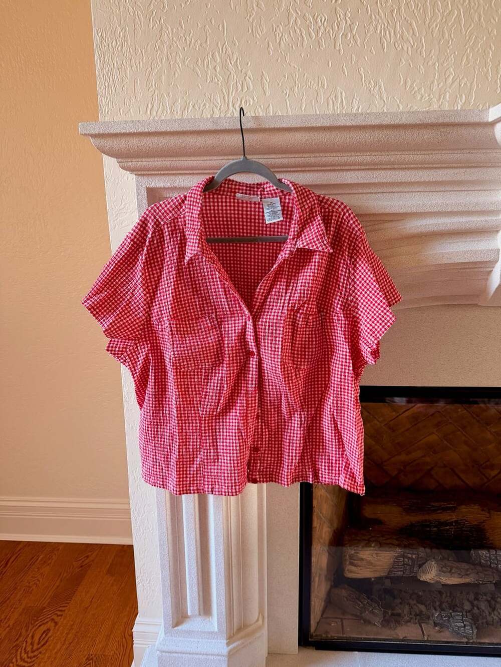 White Stag Woman Stretch Red and White Gingham Short Sleeve Button Down Shirt 3X